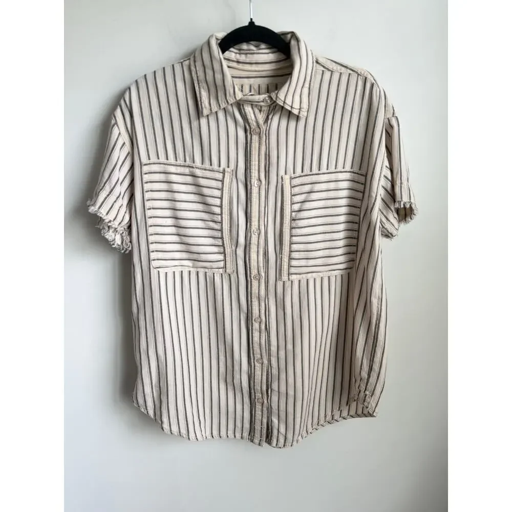 We The Free Christopher Linen Striped Short Sleeve Button-Up Shirt Beige S NWT - Picture 2 of 9